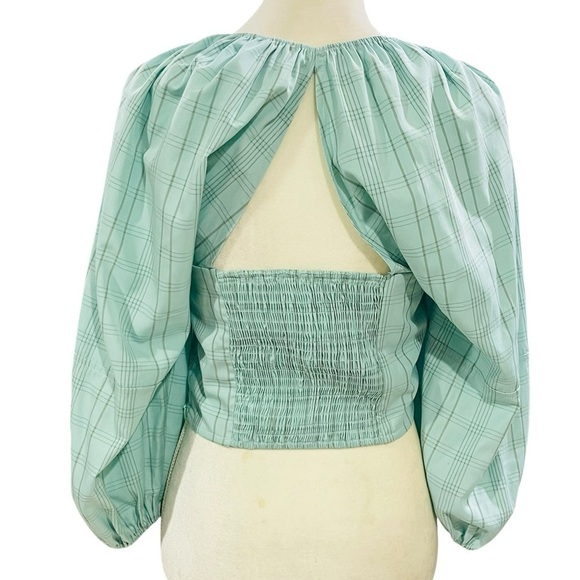 Buru Sweetheart Neck Balloon Sleeve Stripe Smocked Bustier Crop Top NWT Aqua - Picture 11 of 16